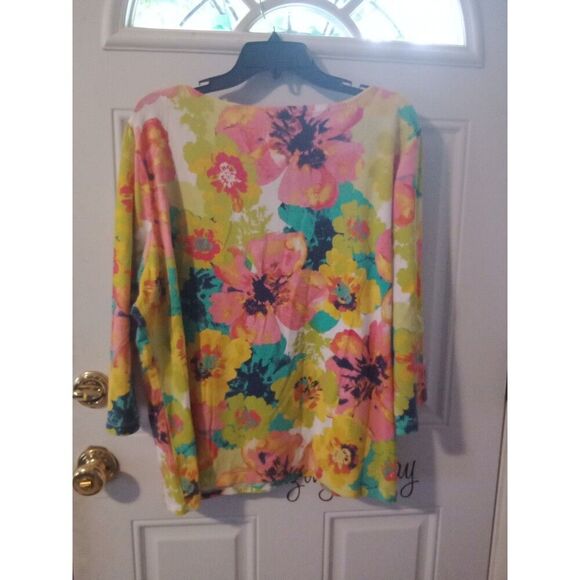 Floral Top Ruby Rd 2X 3/4 Sleeves Pink Yellow Green - Picture 5 of 6